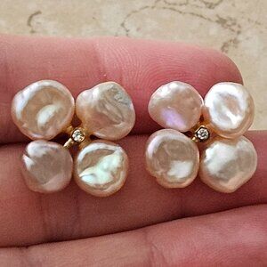RARE DESIGNER GUMPS RUSSELL TRUSSO 18K GOLD PINK PEARL & DIAMOND FLOWER EARRINGS